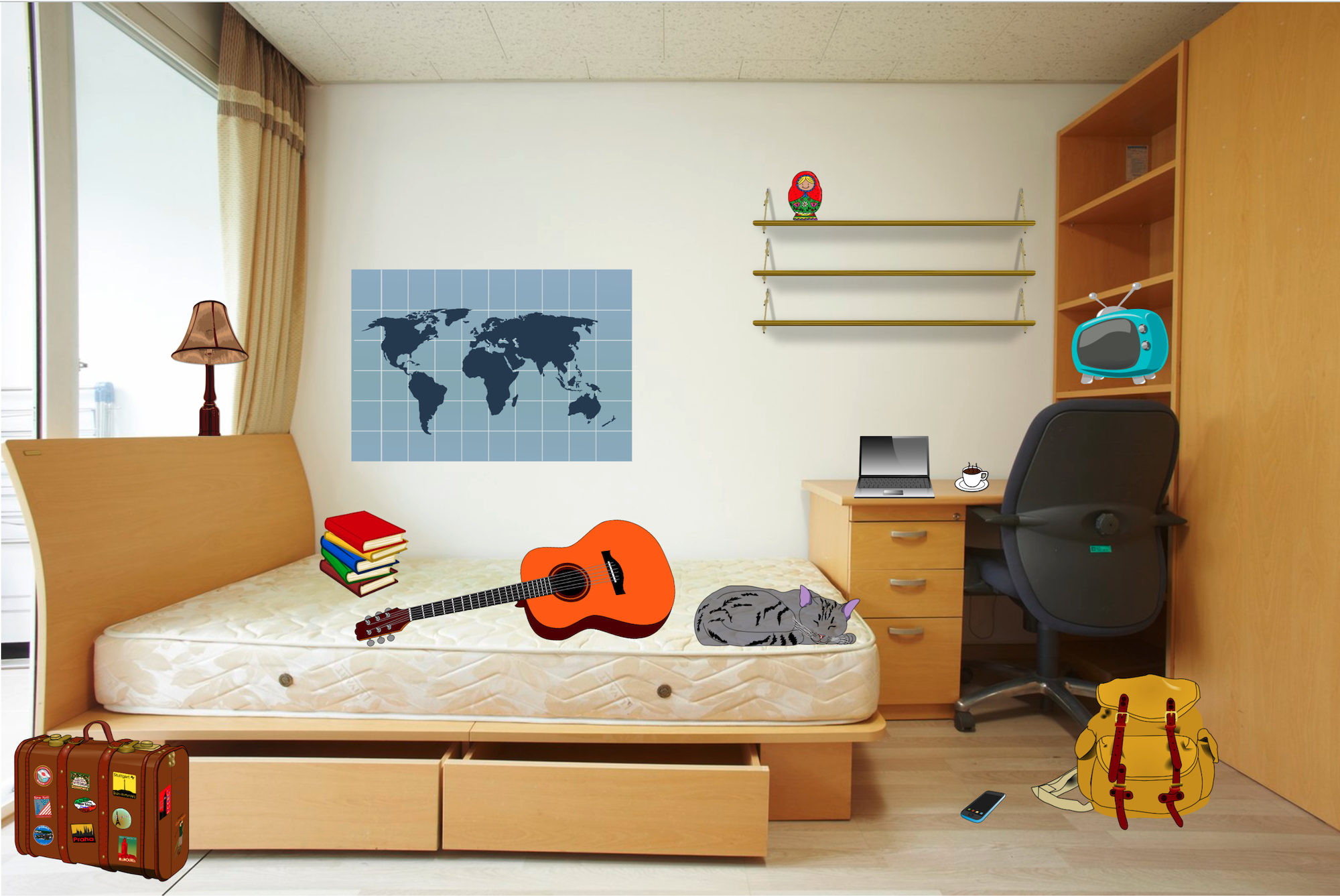 Illustration of a room with items placed around it.