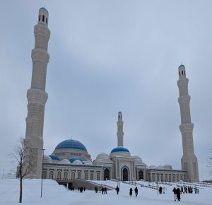 Mosque in Astana, Kazakhstan surrounded by snow.