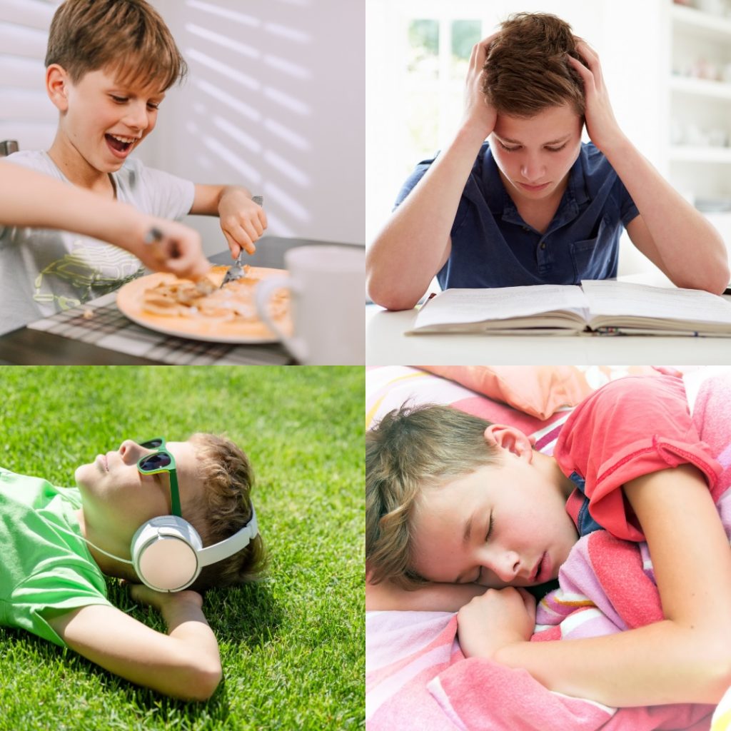 Boy eating breakfast, studying, resting, and sleeping