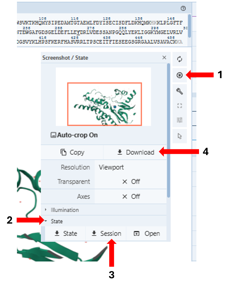 Image showing the popup window for saving images and sessions with 1 indicating the image saving icon, 2 indicating the state dropdown, 3 indicating the session button, and 4 indicating the download button.