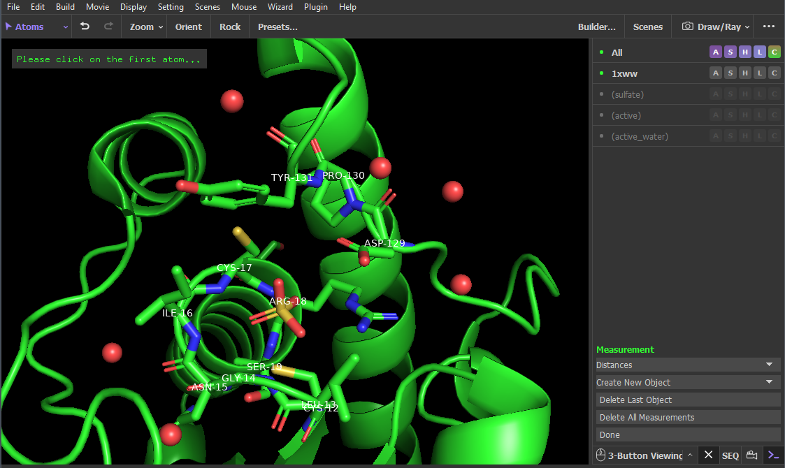 Screenshot for showing how to use the measurement wizard. The words "Please click on the first atom..." is displayed at the top left of the window.