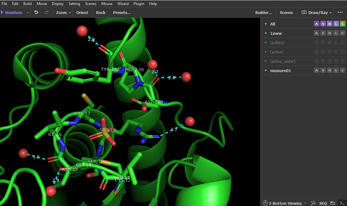 Image showing the protein in green ribbon, the sulfate in yellow sticks, the residues within 5 angstroms as sticks in cpk with green carbons, the waters as red spheres and the distances between the enzyme and water molecules in cyan dashed lines and labeled with the distances in angstroms in white.