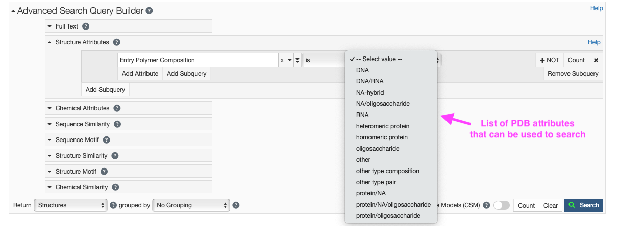 Figure showing PDB composition search features.