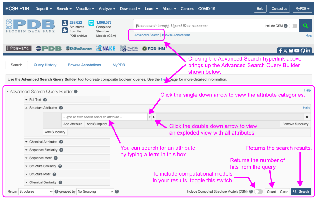 Figure showing the advanced search tool on the RCSB site.