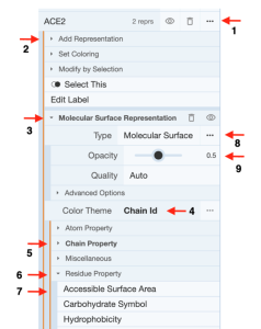 Screenshot of the steps labeled 1-9 with red arrows for how to show accessible surface area.
