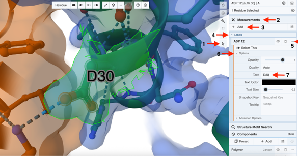 Screenshot of steps 1-7 labeled with red arrows for labeling residues at the interaction interface with dashed green lines.