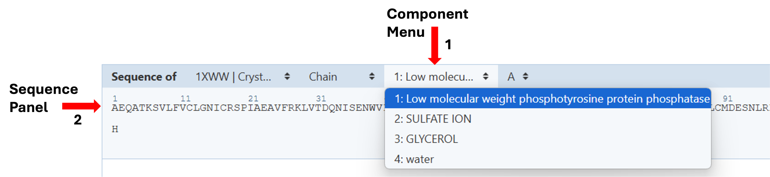 File browser in application, showing options for selecting from the sequence panel with sequence panel and component menu identified with red arrows.