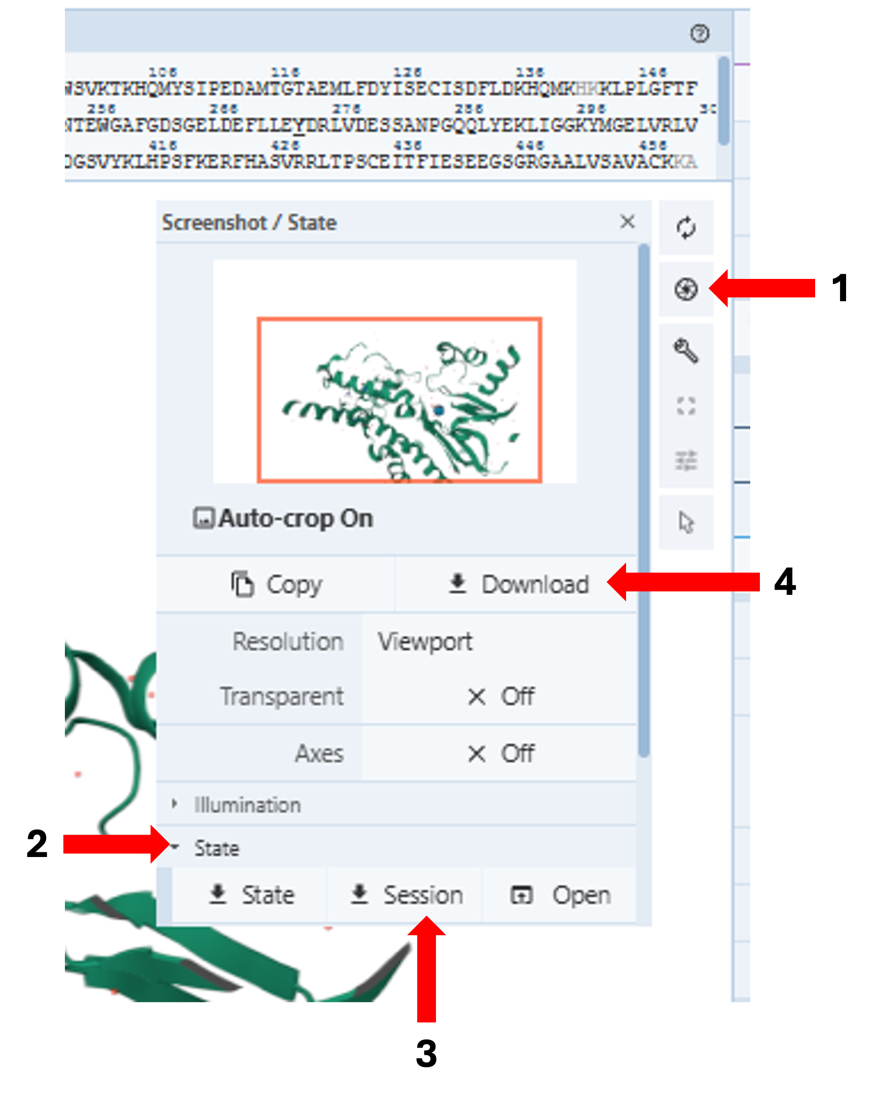Screenshot of a file explorer showing options to save a Mol* session file and a PNG image with labeled steps 1-4.