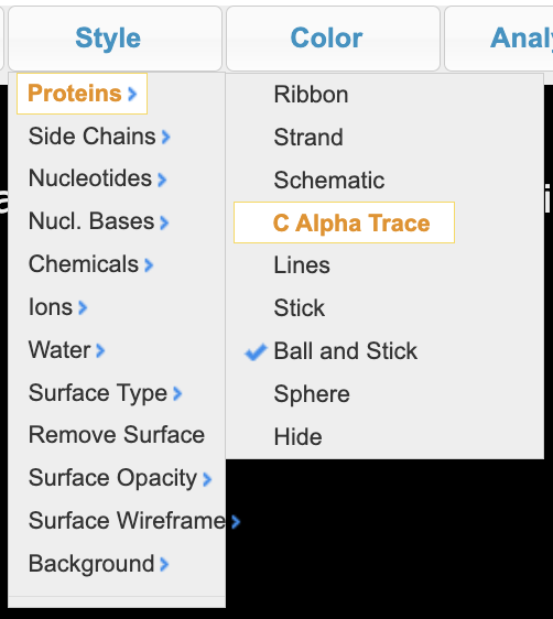 Screenshot of dropdown menu with 'proteins' and 'C Alpha Trace' highlighted for selecting protein rendering types.