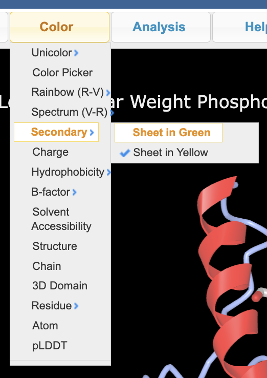 Screenshot highlighting the option for selecting by secondary structure with ‘secondary structure’ highlighted in the first dropdown and ‘sheet in green’ highlighted in the second.
