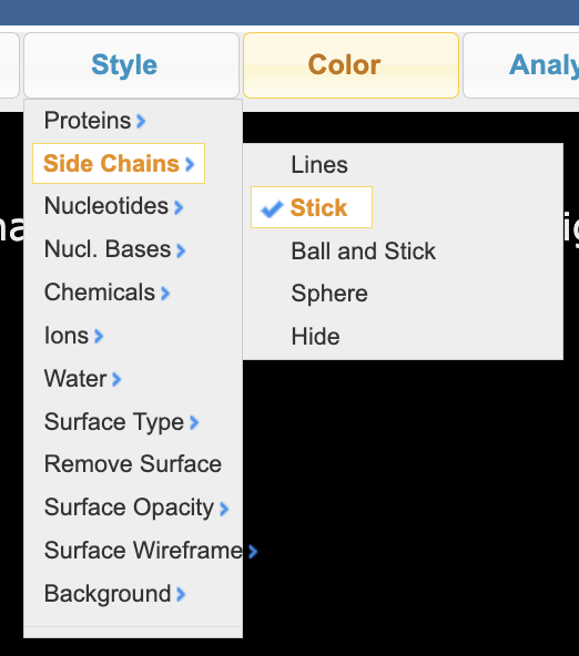 Screenshot of the tool to change side chain rendering with ‘side chains’ highlighted in the first menu and ‘stick’ highlighted in the second menu.