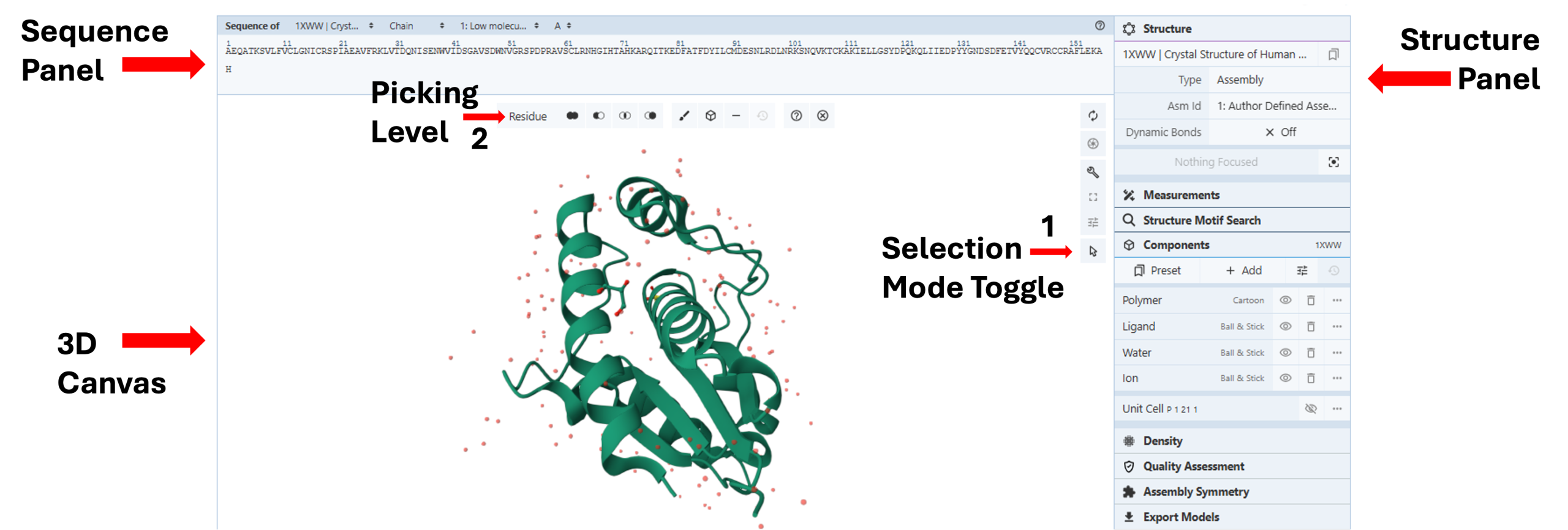Computer screen displaying the design creation process, highlighting selection mode and level picking features. Figures indicated with red arrows include: sequence panel, picking level, selection model toggle, structure panel, 3D canvas.