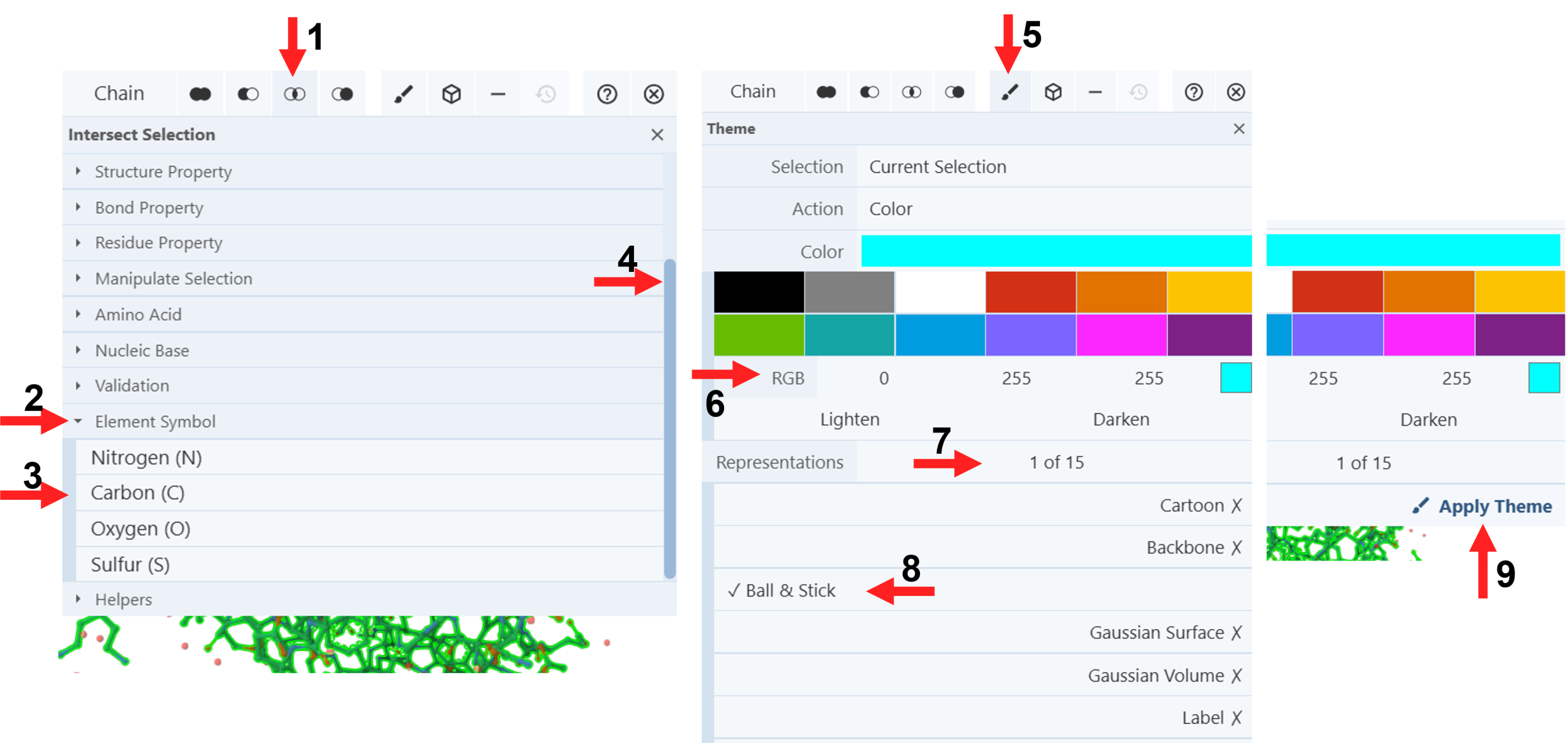 Screenshot of the cell editor showing options to select and modify element colors with steps labeled 1-4, and coloring with steps labeled 5-9