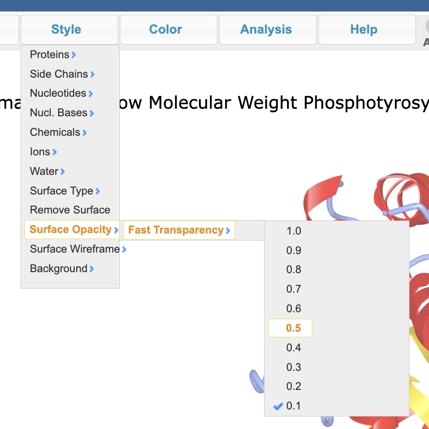 Screenshot displaying the surface opacity settings in a software interface with ‘surface opacity’ highlighted in the Style menu, ‘fast transparency’ highlighted in the second dropdown, and ‘0.5’ highlighted in the third dropdown.