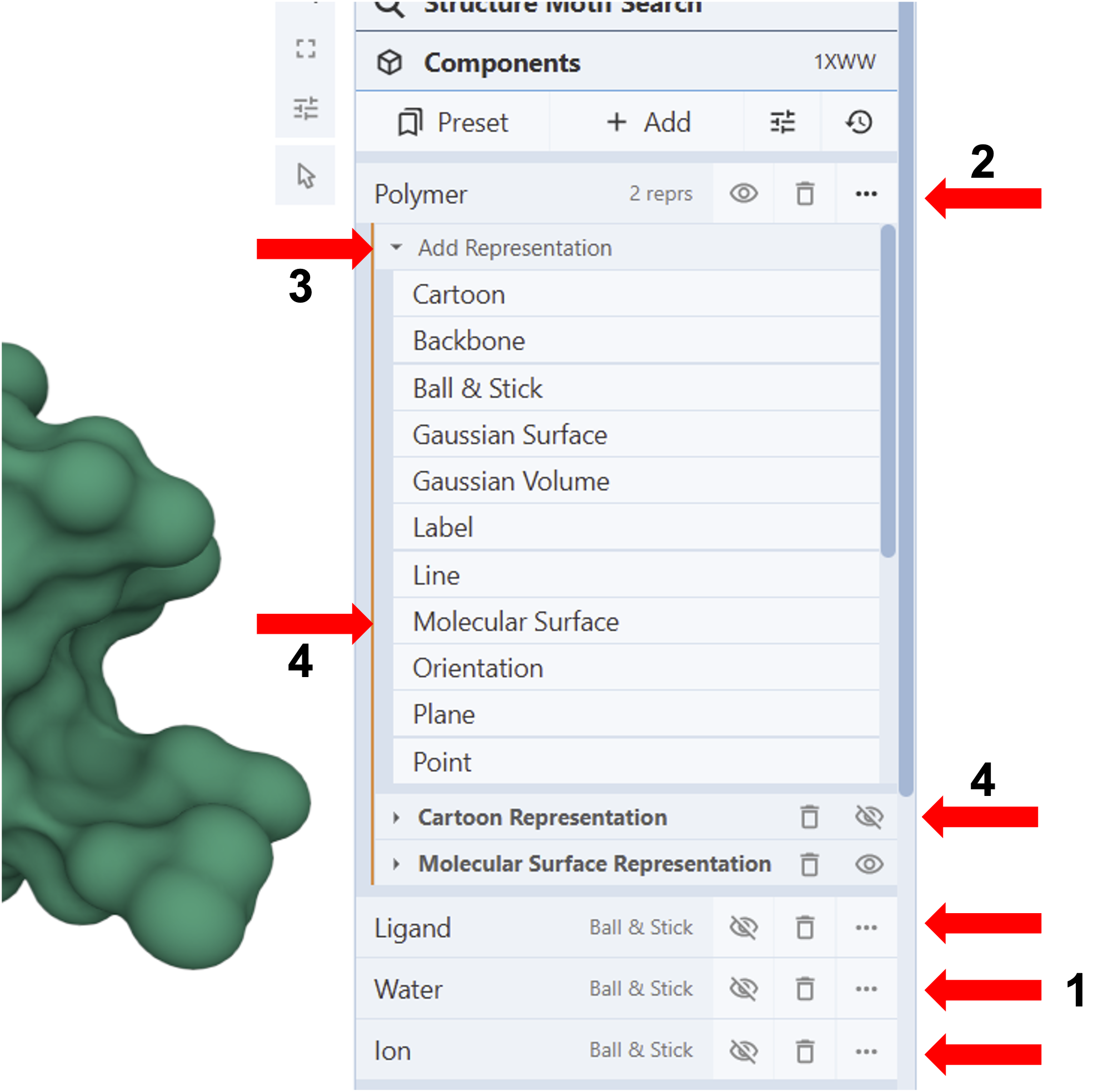 Screenshot of a computer interface showing options to adjust molecular representations, including hiding components and adding surfaces.