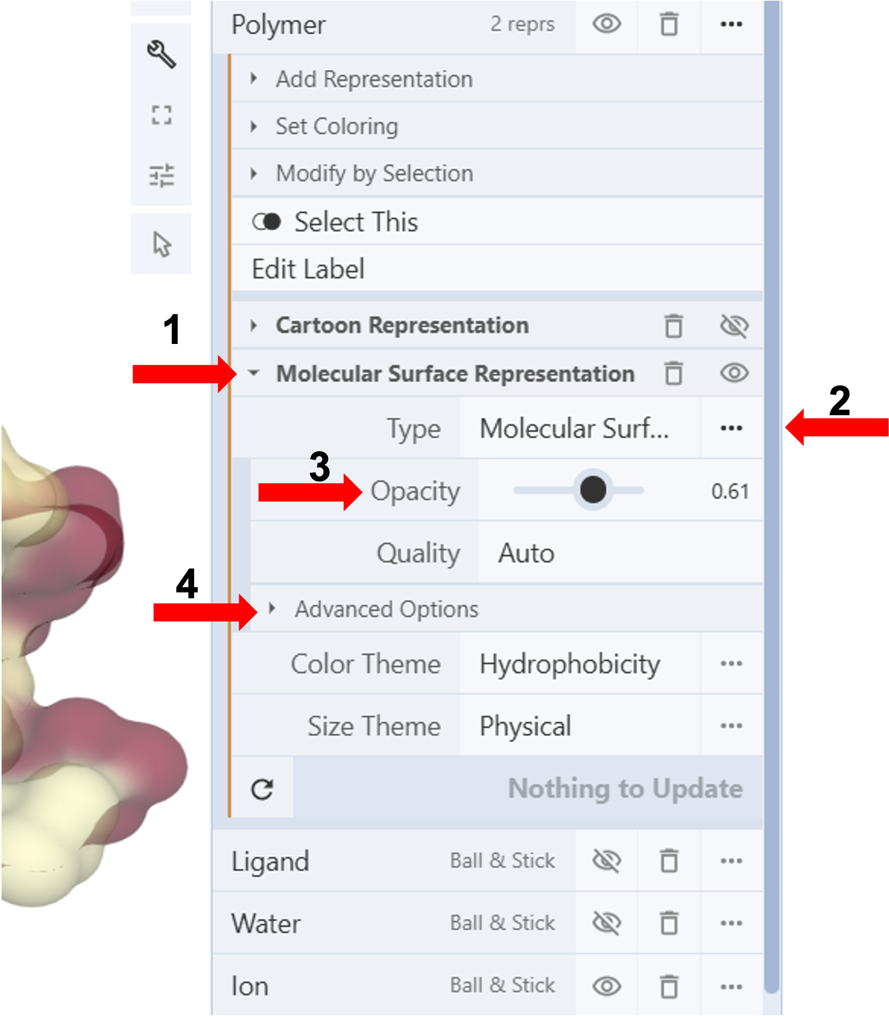 Computer screen displaying steps 1-4 for changing molecular surface transparency.