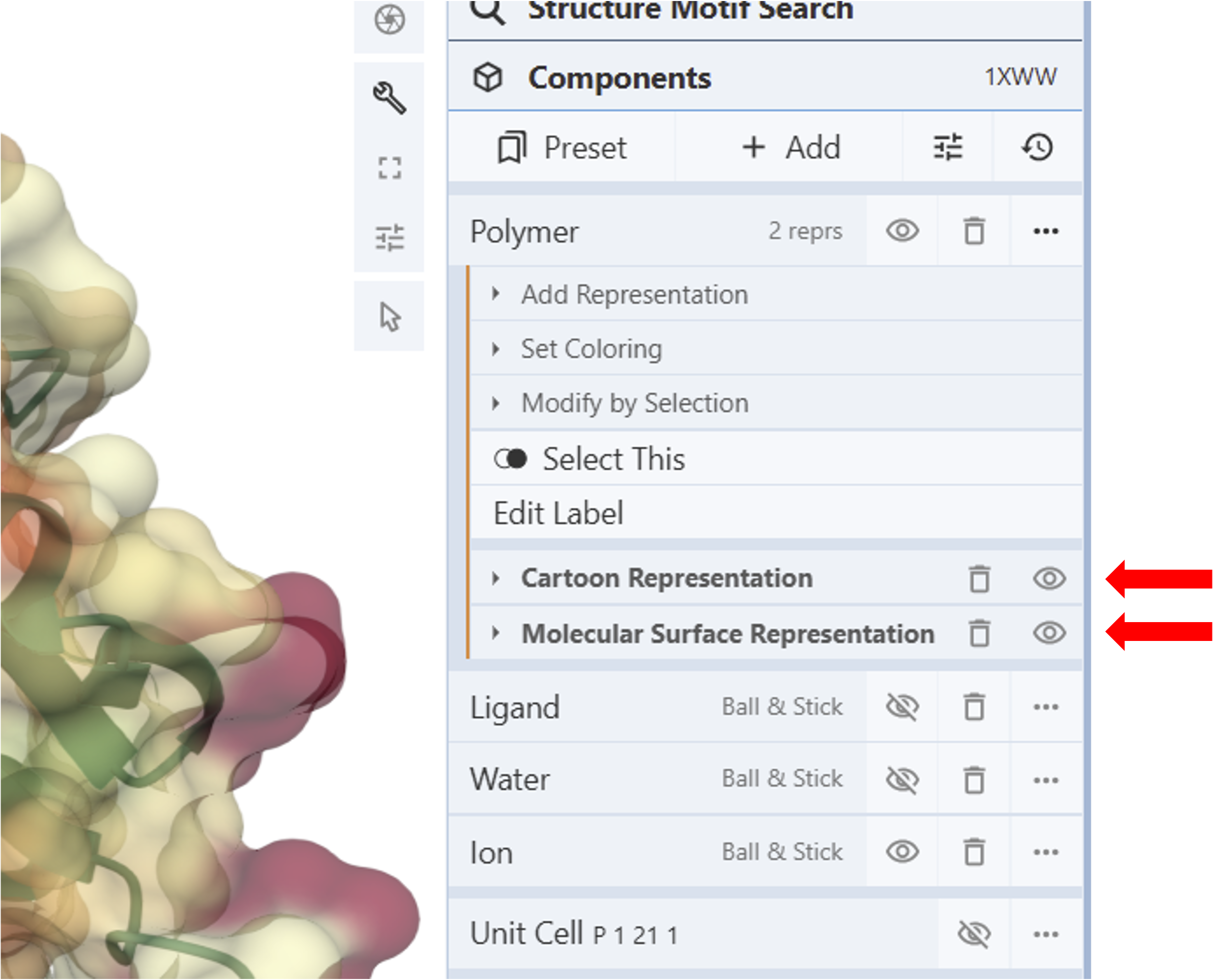 3D view of the model with molecular surface overlay; arrows highlight the ‘eye icons’