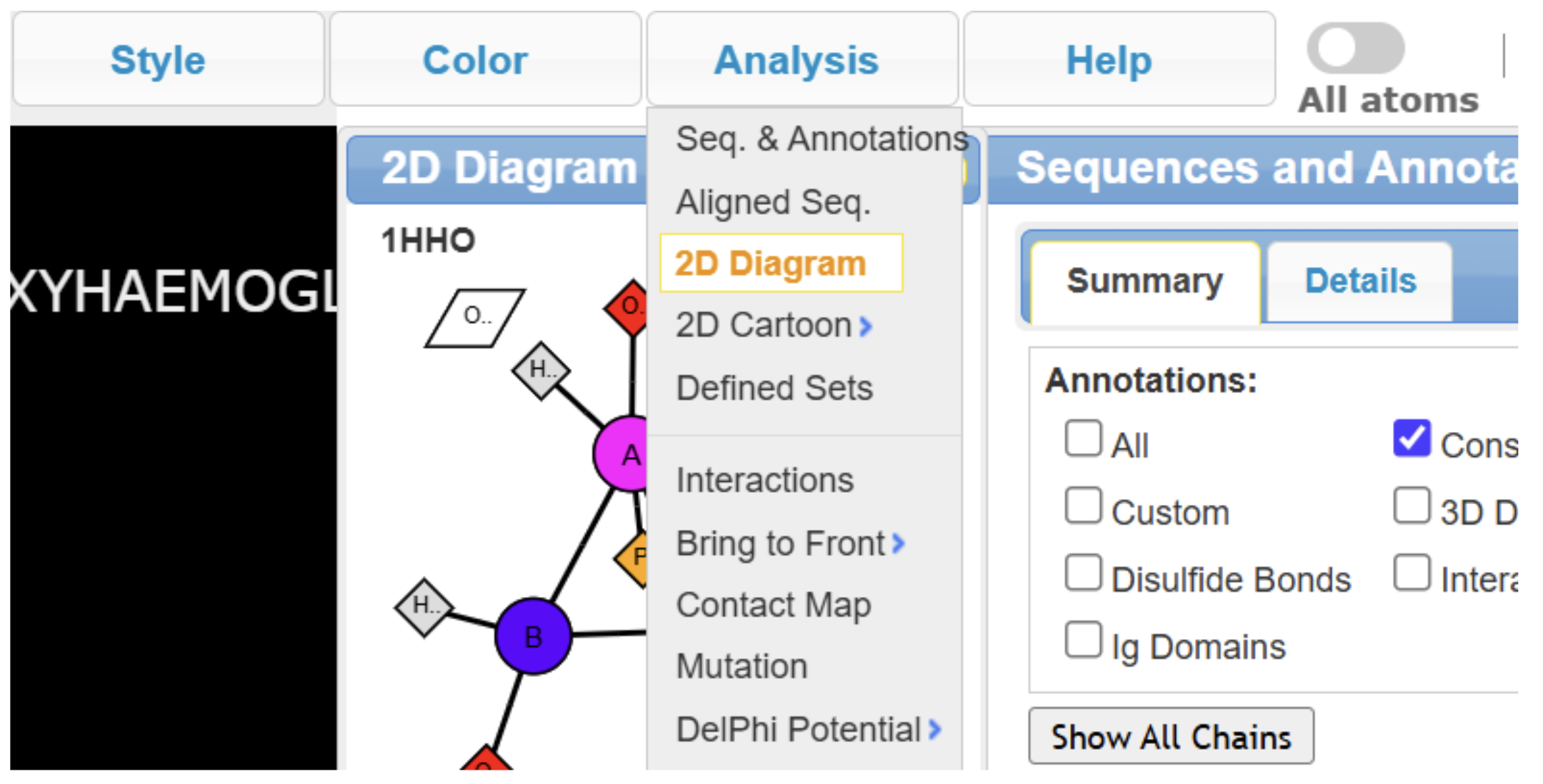 Screenshot of the ‘analysis’ tab with ‘2D diagram’ selected from that menu.