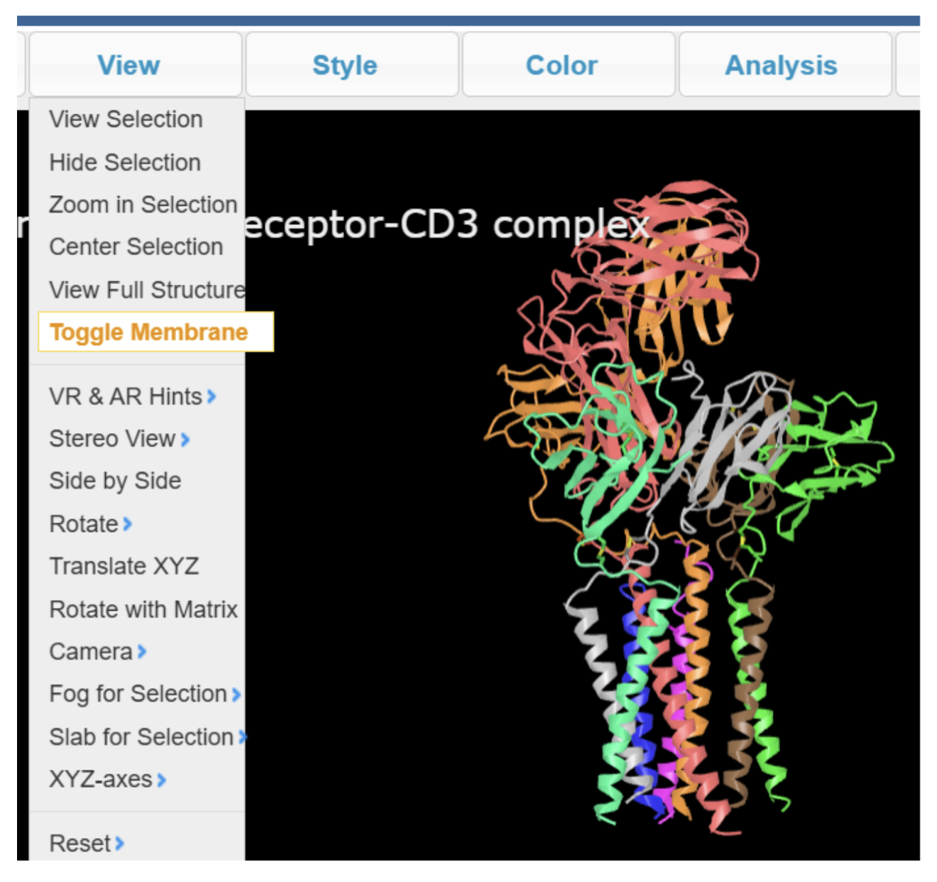 Screenshot of the ‘view’ menu with ‘toggle membrane’ highlighted.