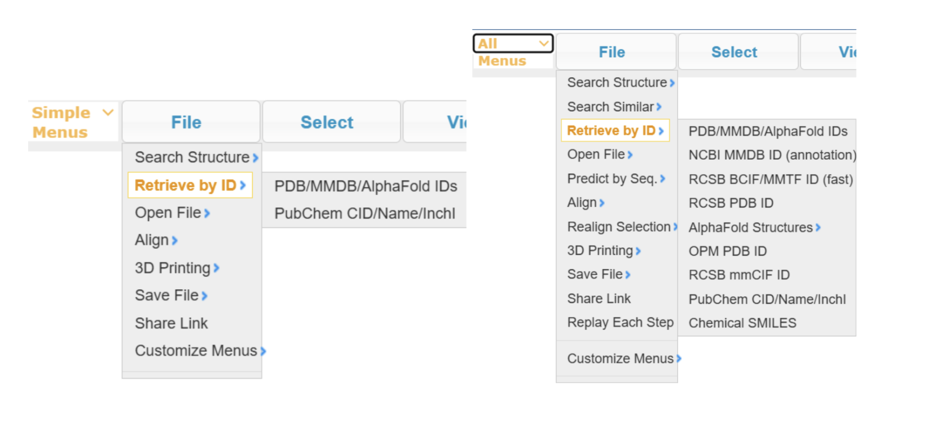 The left figure shows the ‘simple menu’ with ‘retrieve by ID’ selected in the ‘File’ menu with two options shown.  The right figure shows the ‘all menu’ with ‘retrieve by ID’ selected in the ‘File’ menu with 10 options shown.