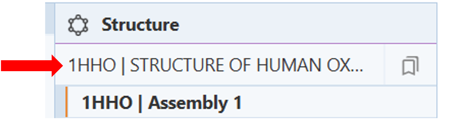Screenshot of the structure menu with a red arrow highlighting the structure name ‘1HHO’.