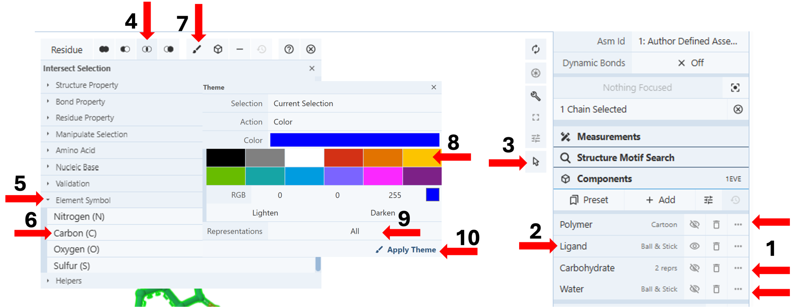 Screenshot of steps 1-10 with red arrows for coloring ligands in proteins.