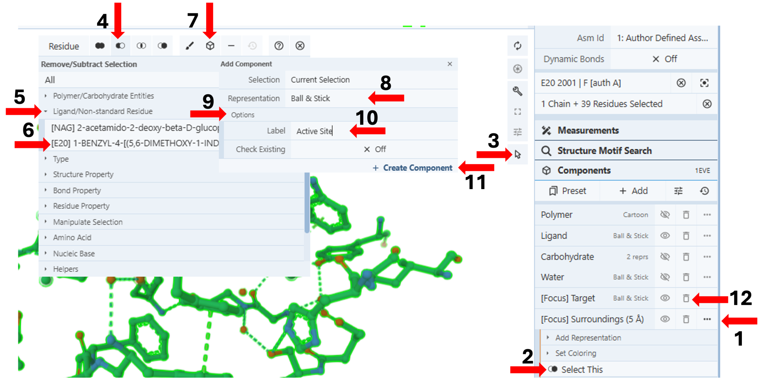 Screenshot of steps labeled 1-12 with red arrows for creating a component for the active site within five angstroms of the ligand.