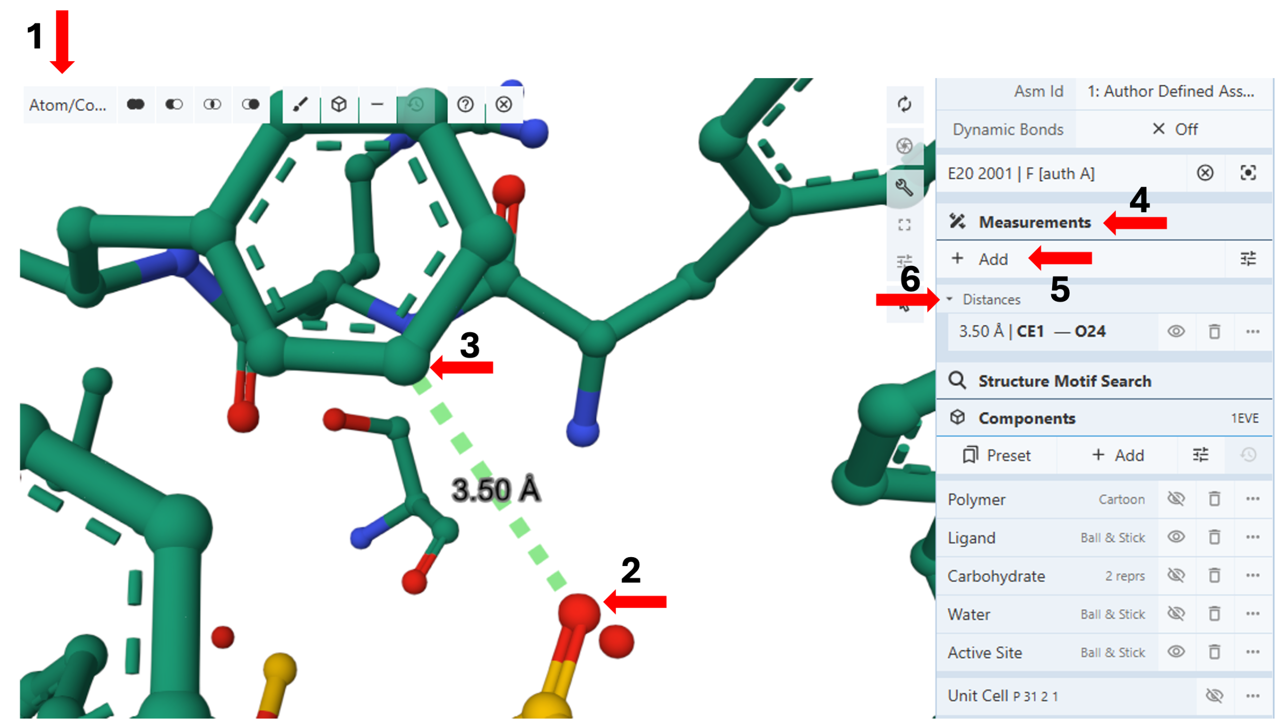 Screenshot of steps labeled 1-6 with red arrows to measure the distance between the active site labeled with a dashed green line.