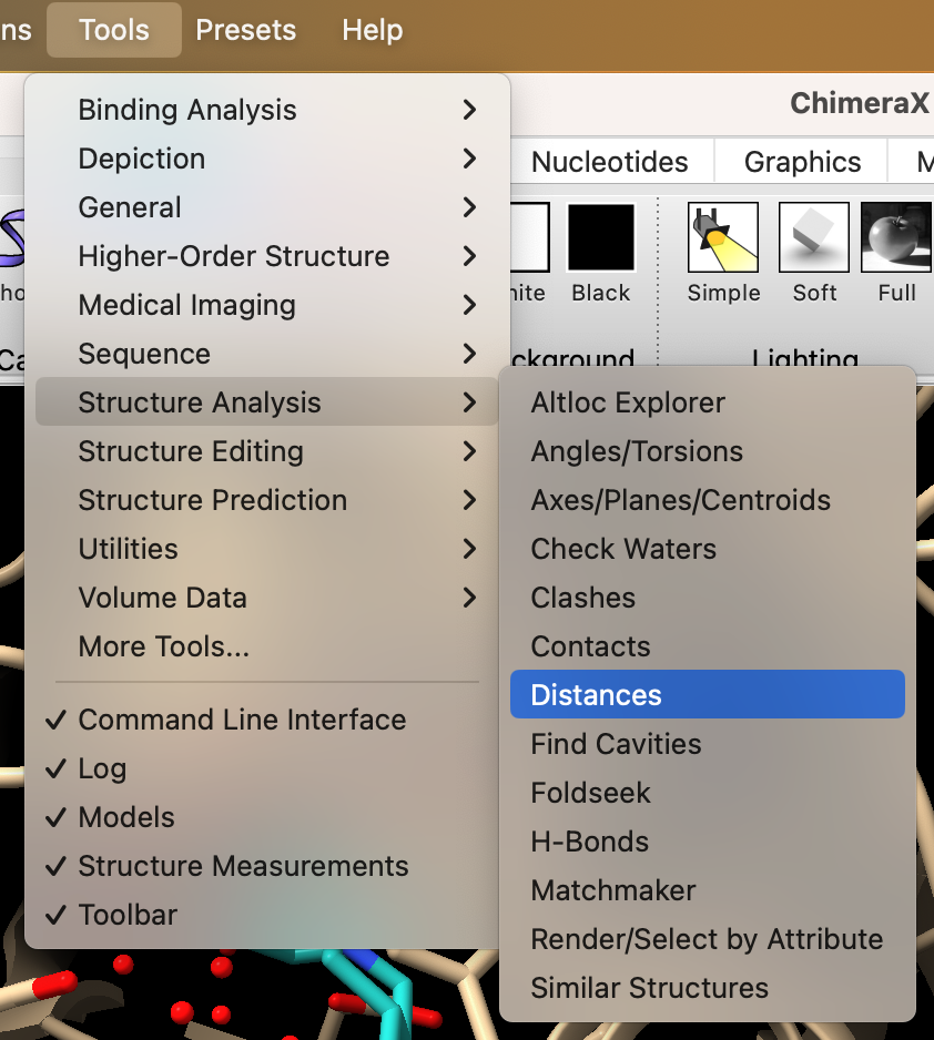 Screenshot of the ‘tools’ menu highlighting ‘structural analysis’ and ‘Distances’.