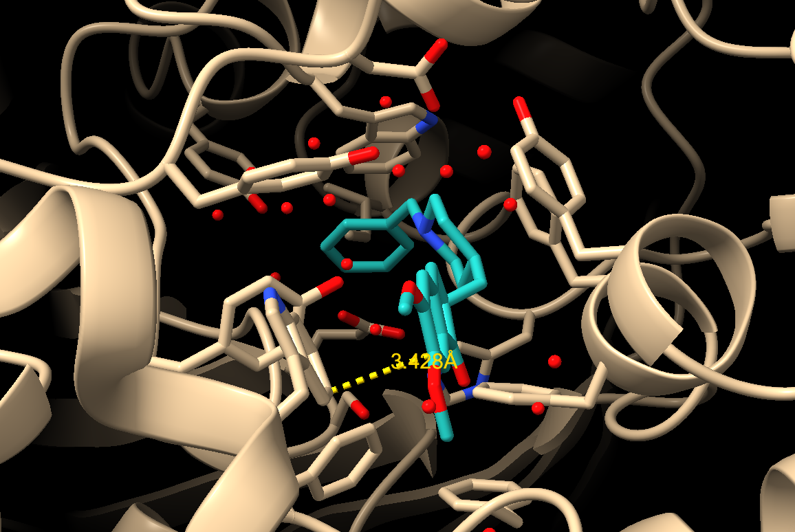Rendering of Aricept (shown in sticks with cpk coloring and cyan carbons) bound to the protein (shown as a brown ribbon diagram) showing a pi-stacking with the distance between pi systems shown by a yellow dashed line and labeled with the distance in angstroms.