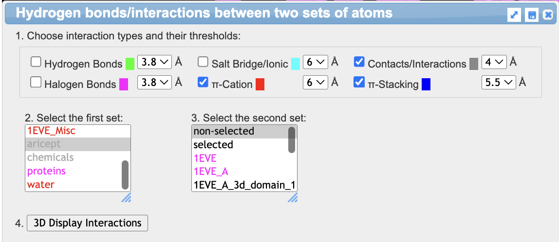 Screenshot of hydrogen bonds/ interactions menu.