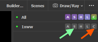 Settings menu in rendering panel with the "S" button for displaying structure options indicated by the green arrow on the left and “C” for color indicated by the red arrow on the right.