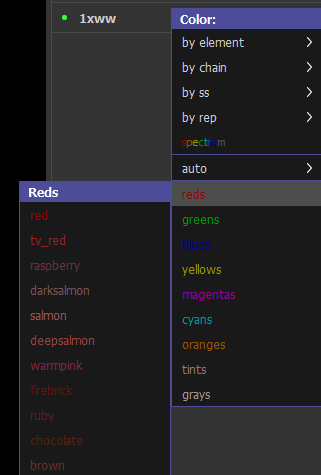 Color menu showcasing available choices including reds, greens, blues, yellows, magentas, cyans, oranges, tints, and grays.