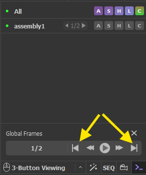 Screenshot of the global frames panel with yellow arrows highlighting the location of the movie controls.