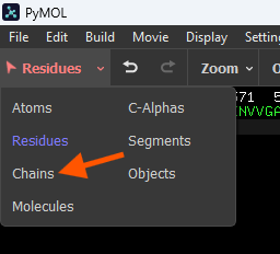 Screenshot of the command window with the command highlighted, illustrating how to change selection mode from residues to chains (chains is indicated with a red arrow).