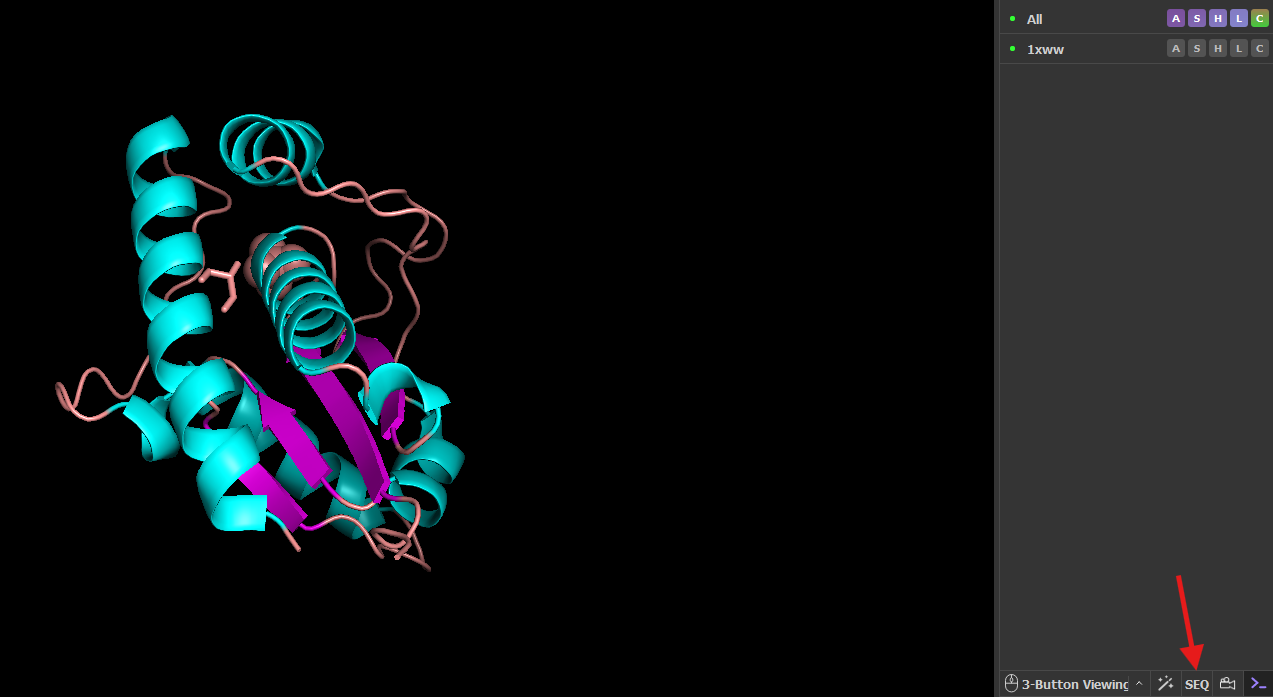 3D model of a protein with a red arrow indicating how to activate the sequence viewer (SEQ).