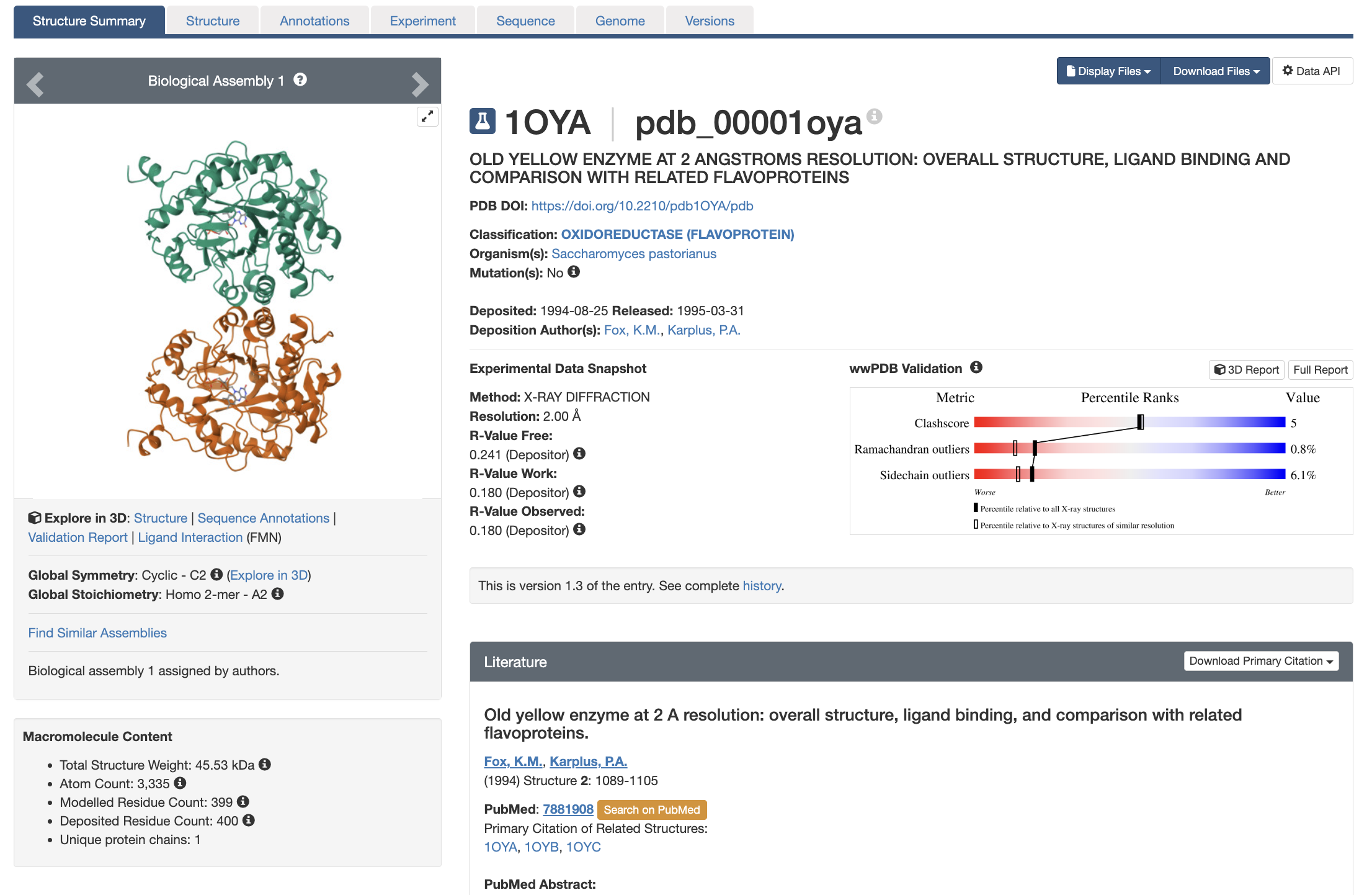 Screenshot of an example RCSB PDB entry's Structure Summary page.