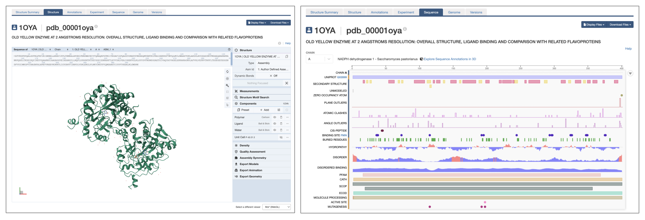 Two screens displaying data: a structure page in Mol* on the left and a PDB entry sequence page on the right.