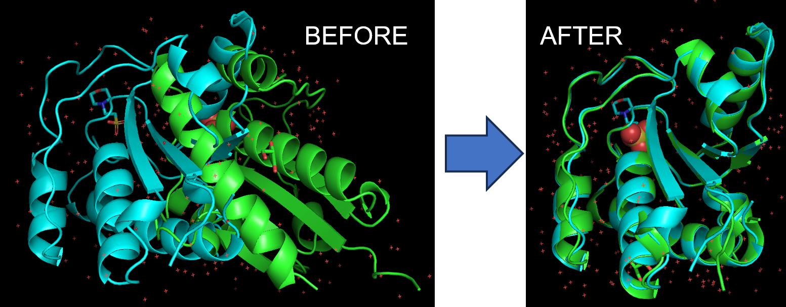 The left panel shows a rendering of cartoon mode for two proteins before superimposition with one protein shown in turquoise and the other in green. The right panel shows the same proteins after they are superimposed.