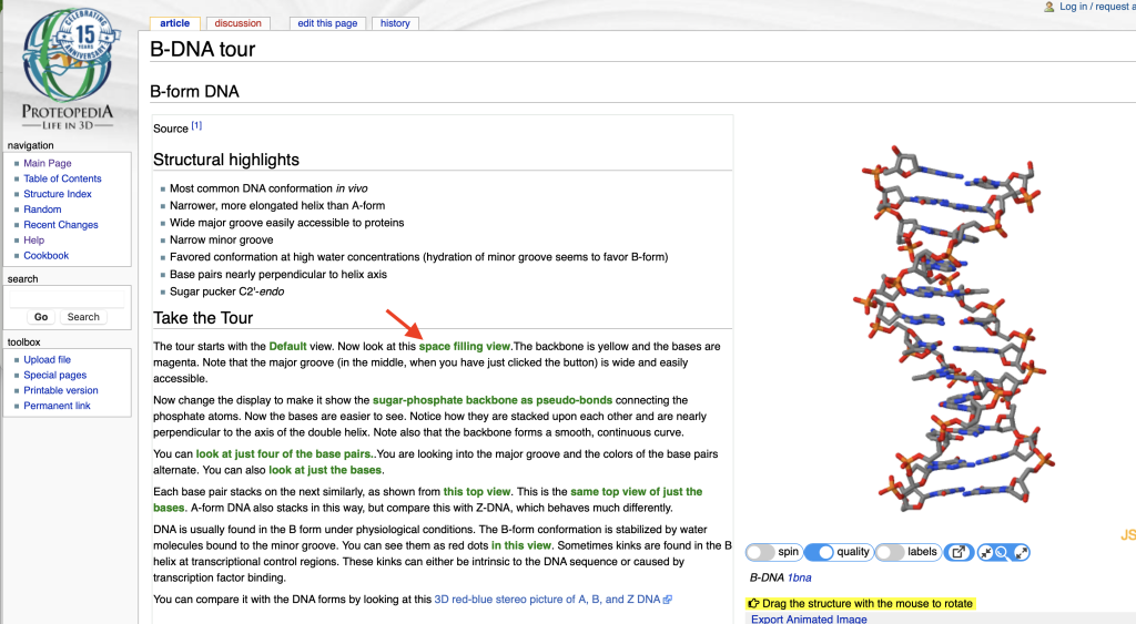 Screenshot of a Proteopedia page detailing the structure of DNA, showcasing diagrams and textual information.