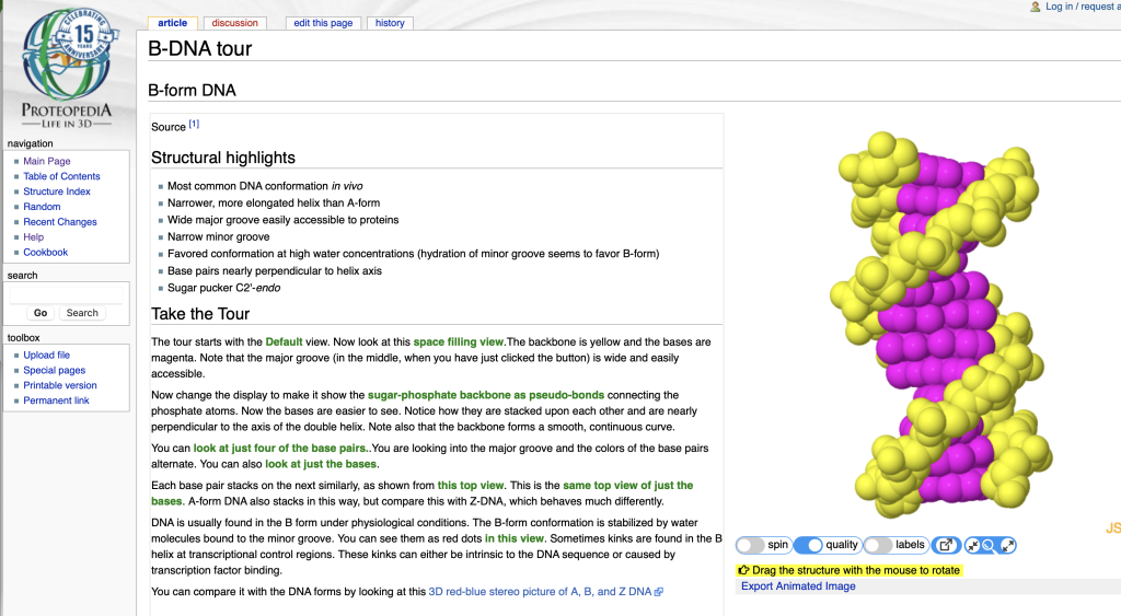 Webpage screenshot of DNA, showcasing an alternative structure view initiated by a linked script.