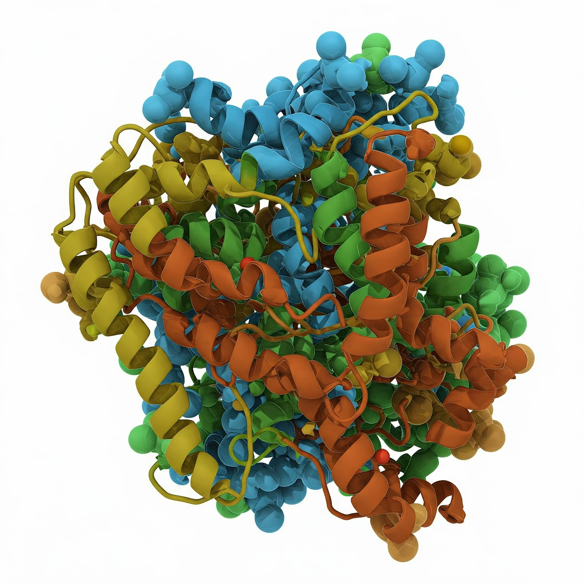 A 3D protein model with various colors, displaying unrealistic features like loop connections and helix packing, indicating AI design.