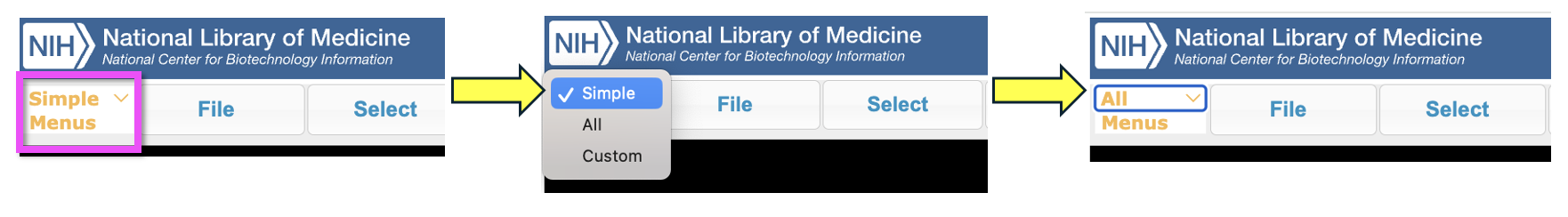 Screenshot of NCBI website interface, highlighting the menu option to go from “simple” set to "All" for viewing glycans.
