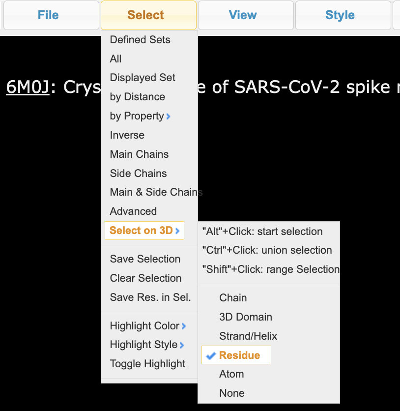 Screenshot of the “select” menu with “select on 3D” and “residue” highlighted, which enables the selection of individual residues.