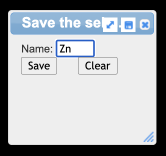 Computer screen displaying "Save the Selection" in a popup for selecting zinc.