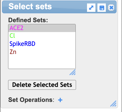 Screenshot of the Select sets tool showing the menu of Defined Sets with ACE2 highlighted.