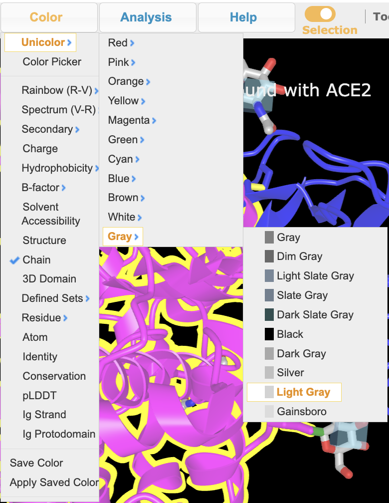 Screenshot of the color analysis tool, showing the color menu for selecting colors with “gray” and “light gray” highlighted.