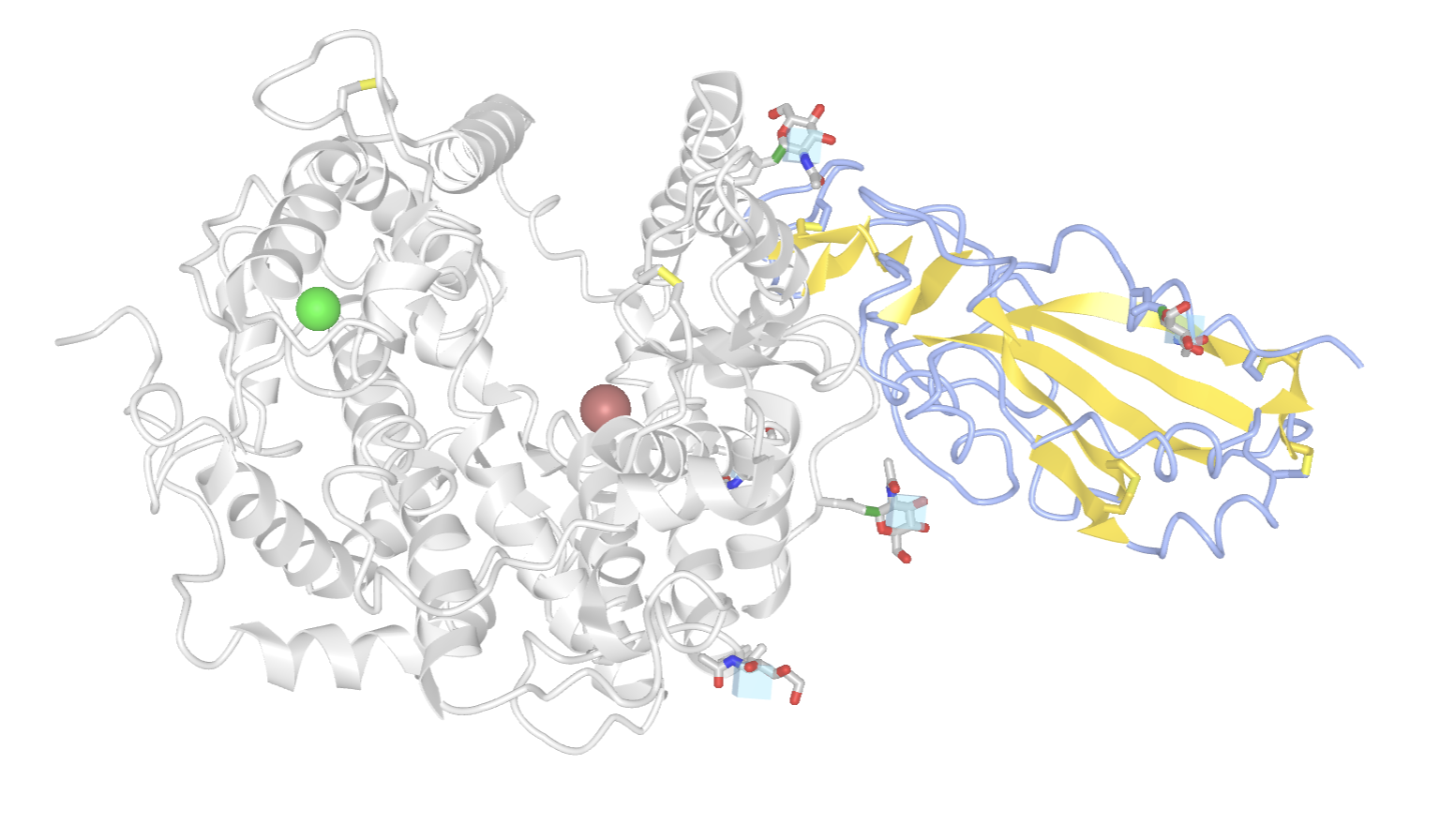 Final output of the tutorial: a protein model displayed in grey, blue, an yellow with ions as green and red spheres.