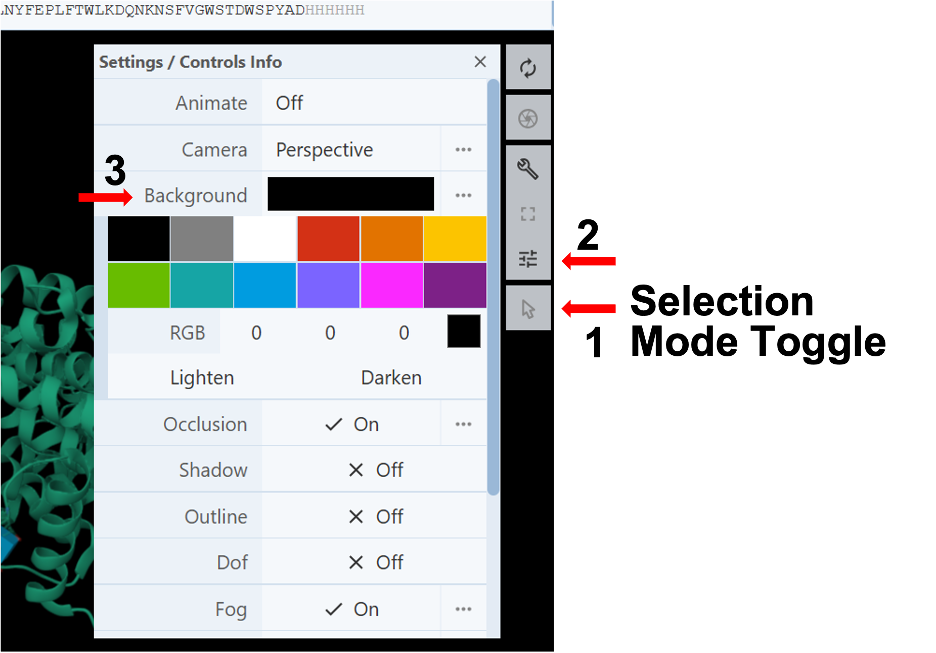 Image of the Settings/Controls Info menu with arrows 1-3 shown.