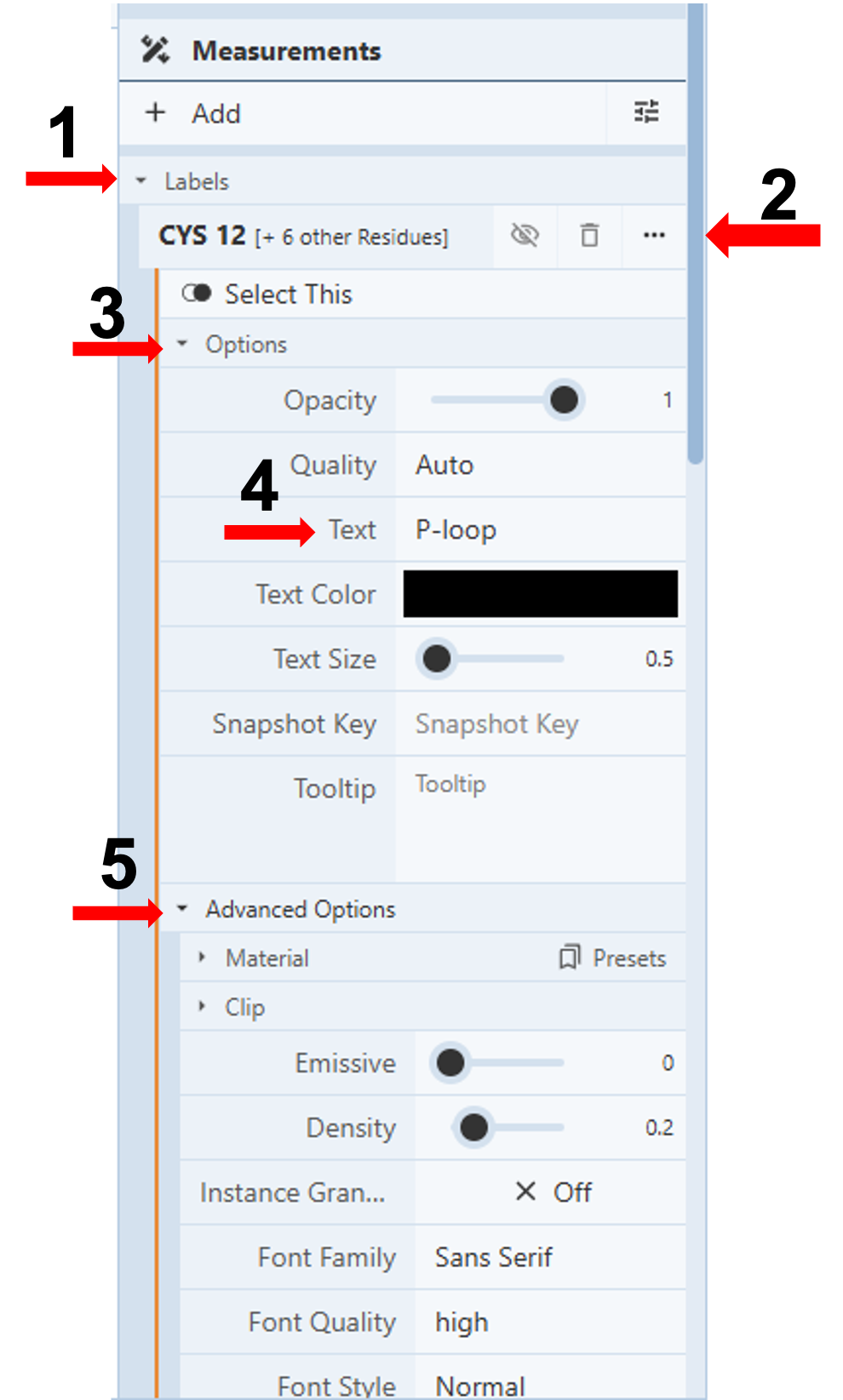 Screenshot of the measurements tool highlighting steps 1-5 for customized labeling.